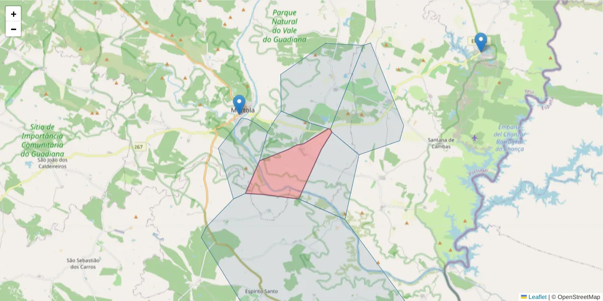 Mapa detalhado do código postal 7750-313 com limites, códigos postais vizinhos e agências dos correios