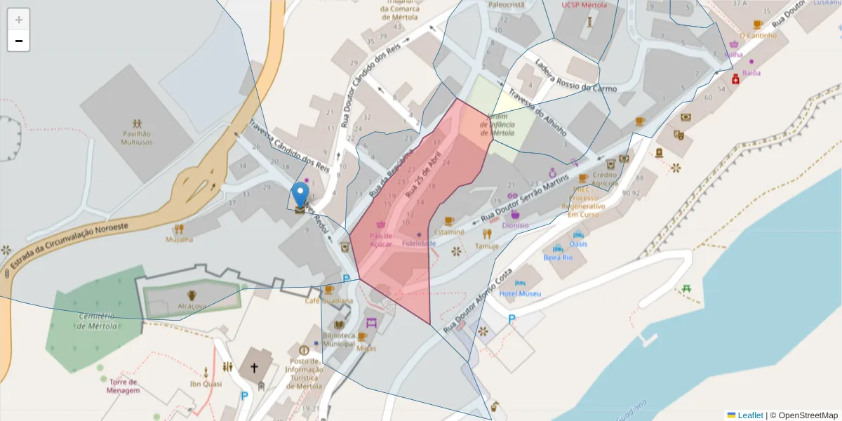 Mapa detalhado do código postal 7750-332 com limites, códigos postais vizinhos e agências dos correios