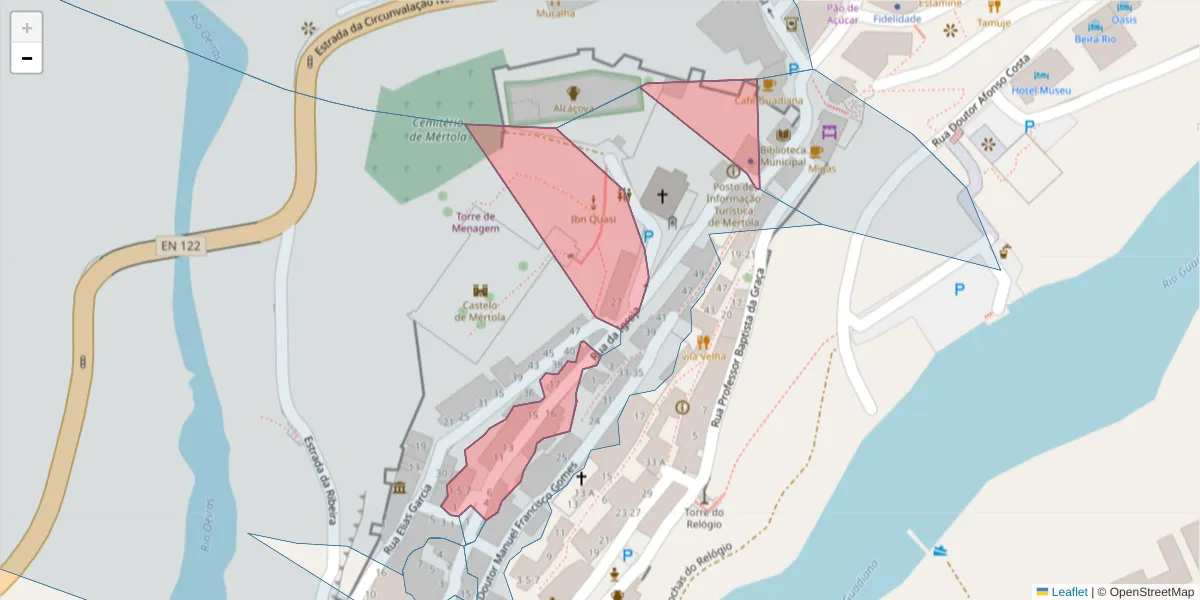 Mapa detalhado do código postal 7750-338 com limites, códigos postais vizinhos e agências dos correios