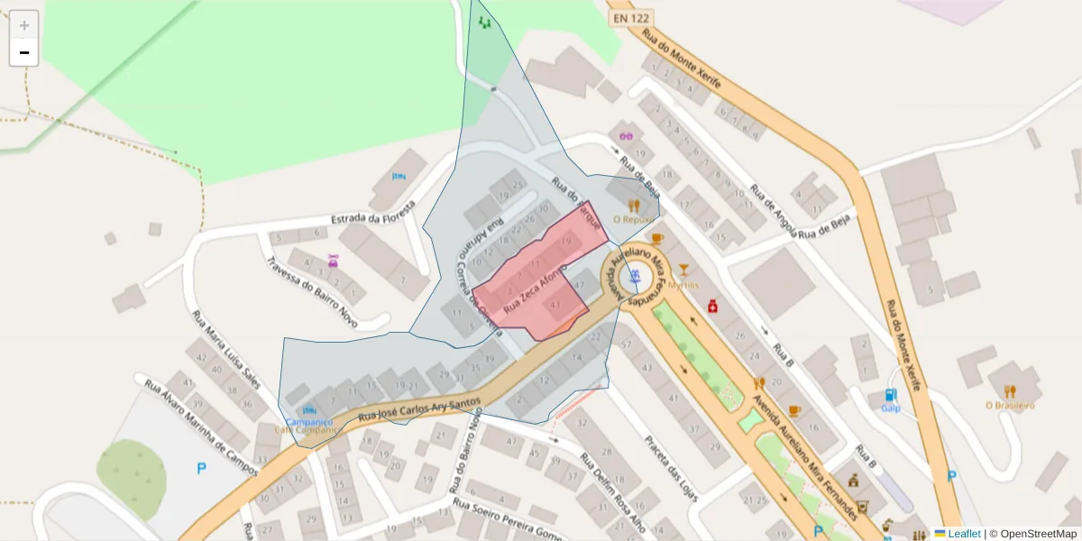 Mapa detalhado do código postal 7750-364 com limites, códigos postais vizinhos e agências dos correios