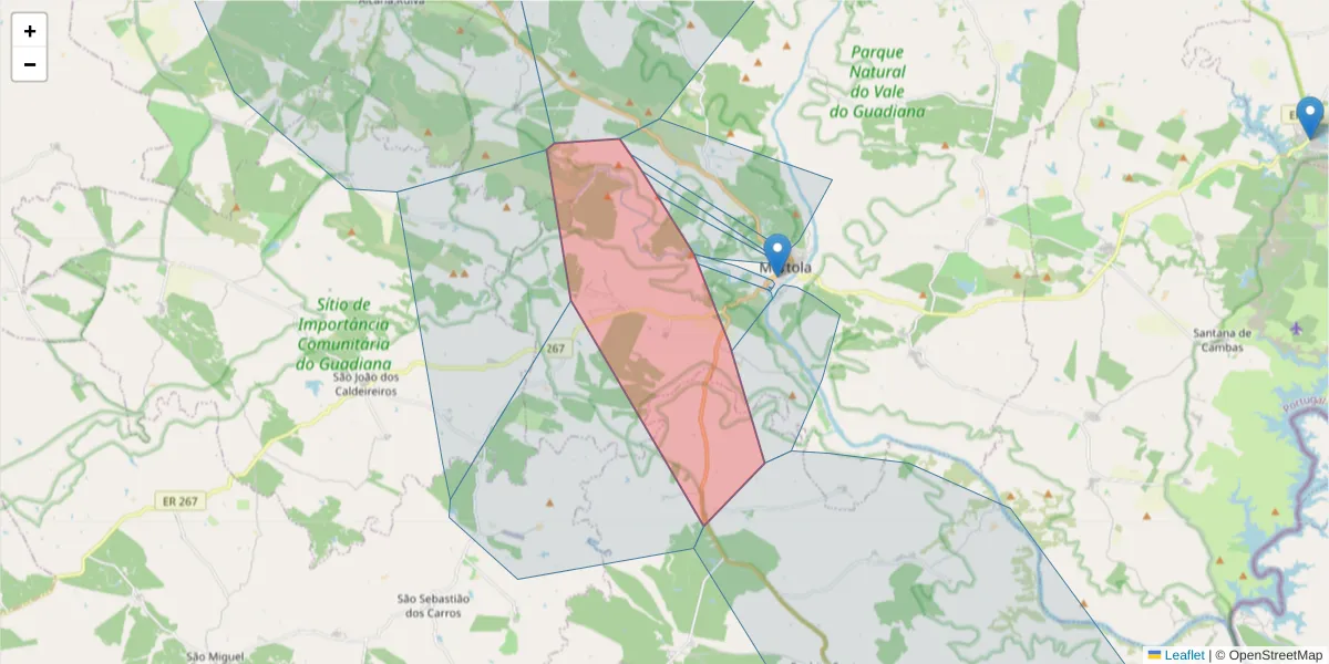 Mapa detalhado do código postal 7750-387 com limites, códigos postais vizinhos e agências dos correios