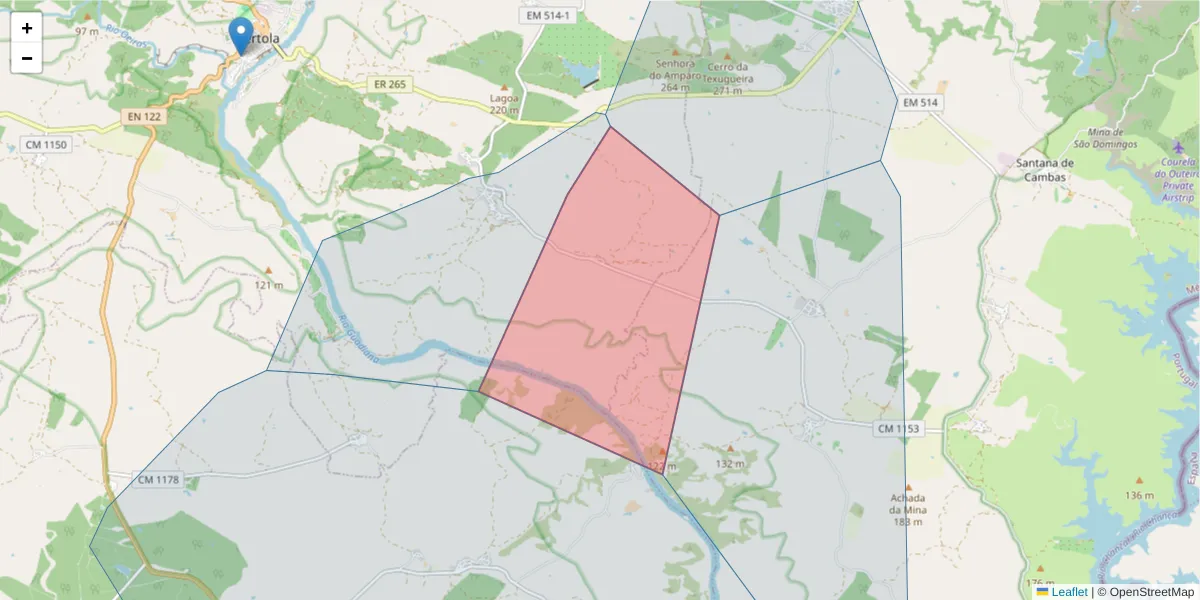 Mapa detalhado do código postal 7750-388 com limites, códigos postais vizinhos e agências dos correios
