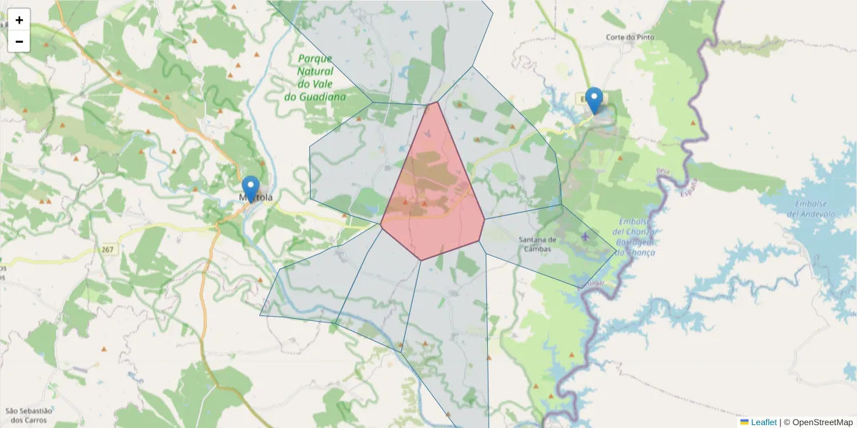 Mapa detalhado do código postal 7750-414 com limites, códigos postais vizinhos e agências dos correios