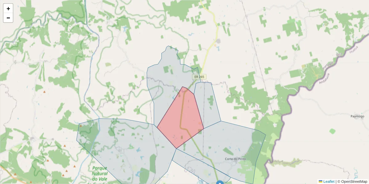 Mapa detalhado do código postal 7750-416 com limites, códigos postais vizinhos e agências dos correios