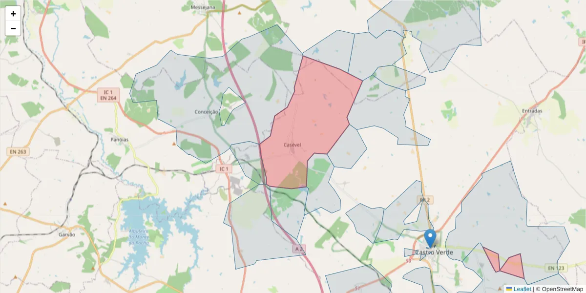 Mapa detalhado do código postal 7780-020 com limites, códigos postais vizinhos e agências dos correios