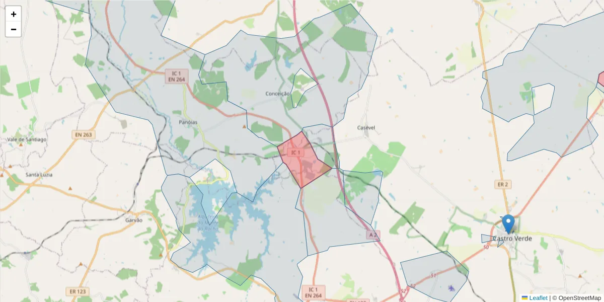 Mapa detalhado do código postal 7780-030 com limites, códigos postais vizinhos e agências dos correios