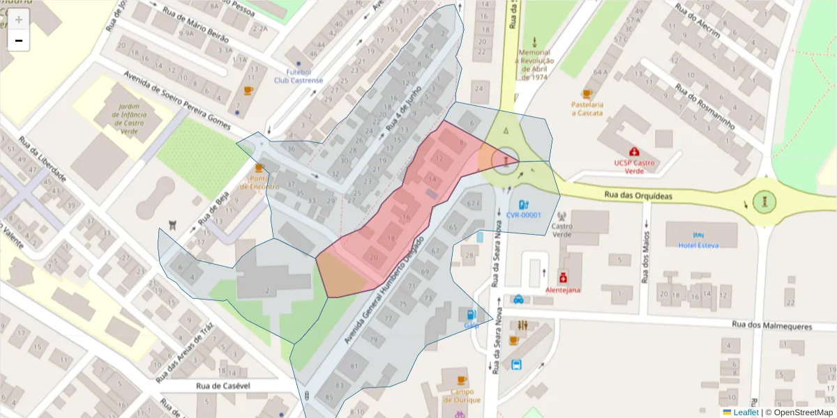 Mapa detalhado do código postal 7780-125 com limites, códigos postais vizinhos e agências dos correios