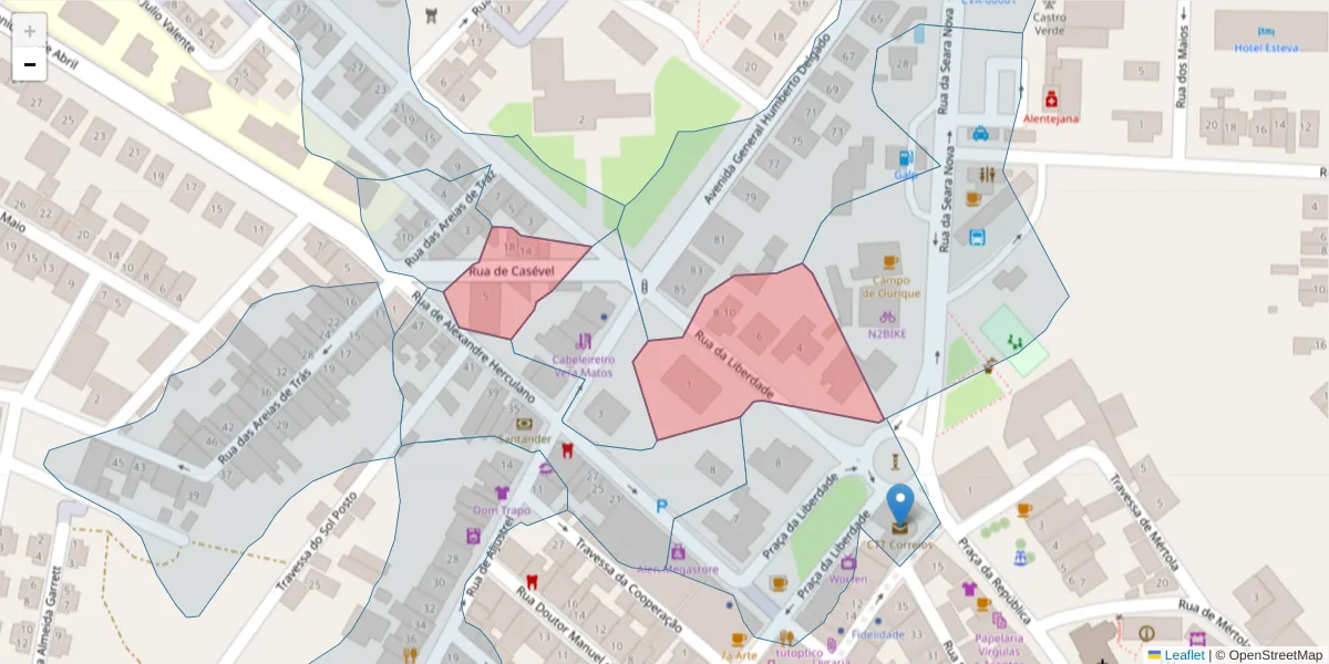 Mapa detalhado do código postal 7780-129 com limites, códigos postais vizinhos e agências dos correios