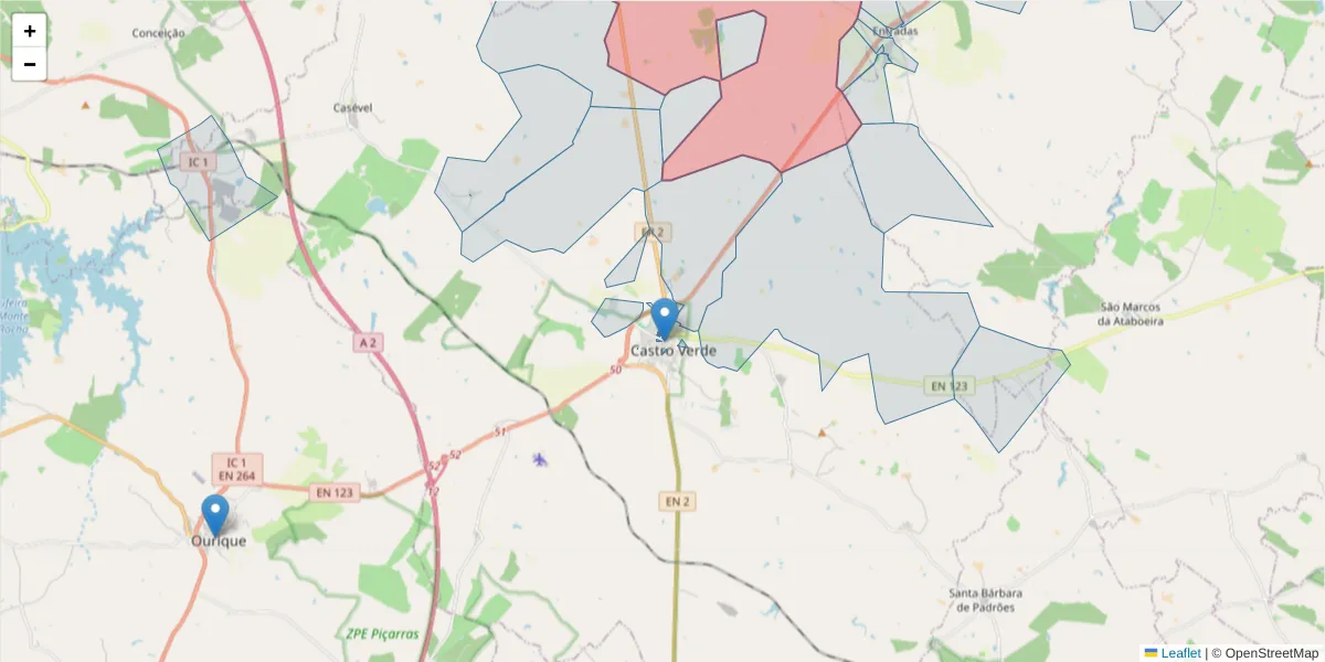 Mapa detalhado do código postal 7780-140 com limites, códigos postais vizinhos e agências dos correios