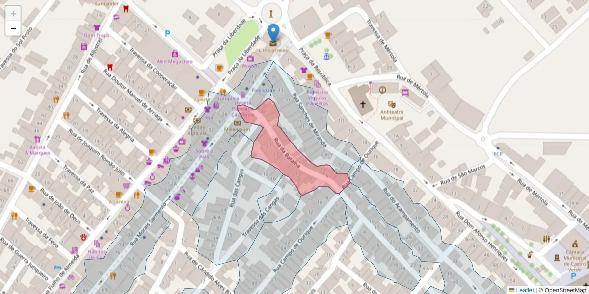 Mapa detalhado do código postal 7780-154 com limites, códigos postais vizinhos e agências dos correios