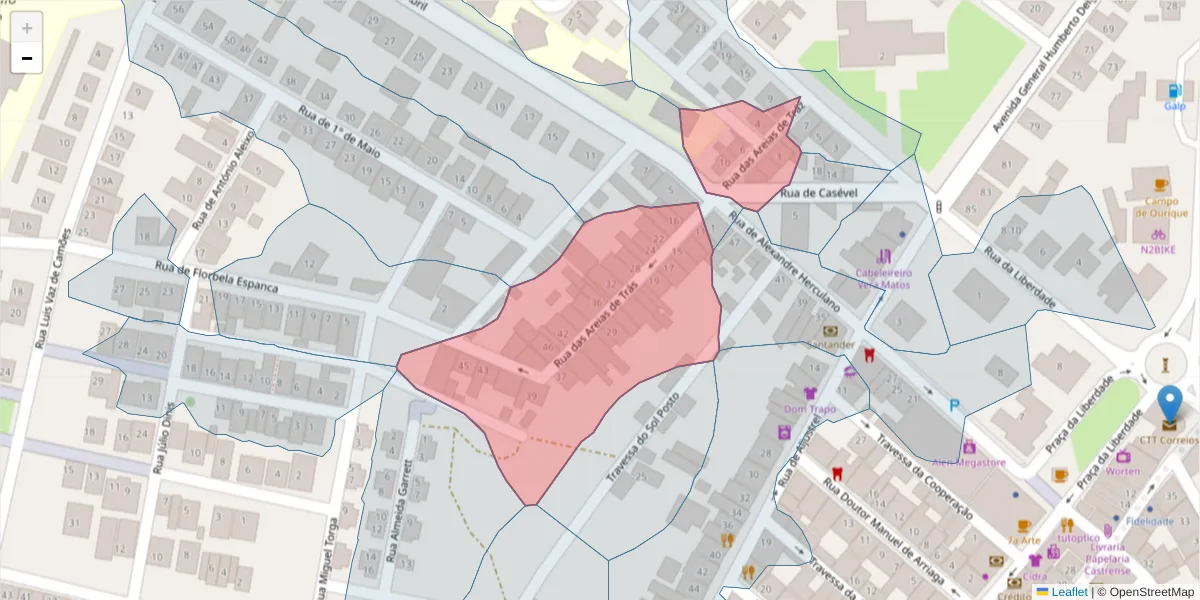 Mapa detalhado do código postal 7780-165 com limites, códigos postais vizinhos e agências dos correios