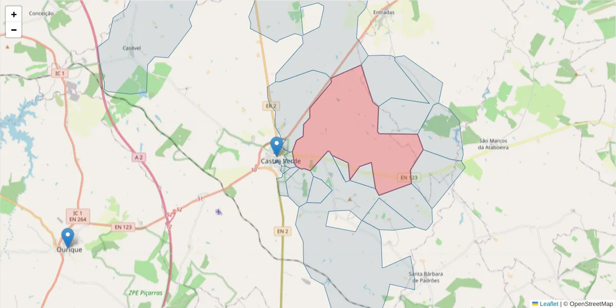 Mapa detalhado do código postal 7780-182 com limites, códigos postais vizinhos e agências dos correios