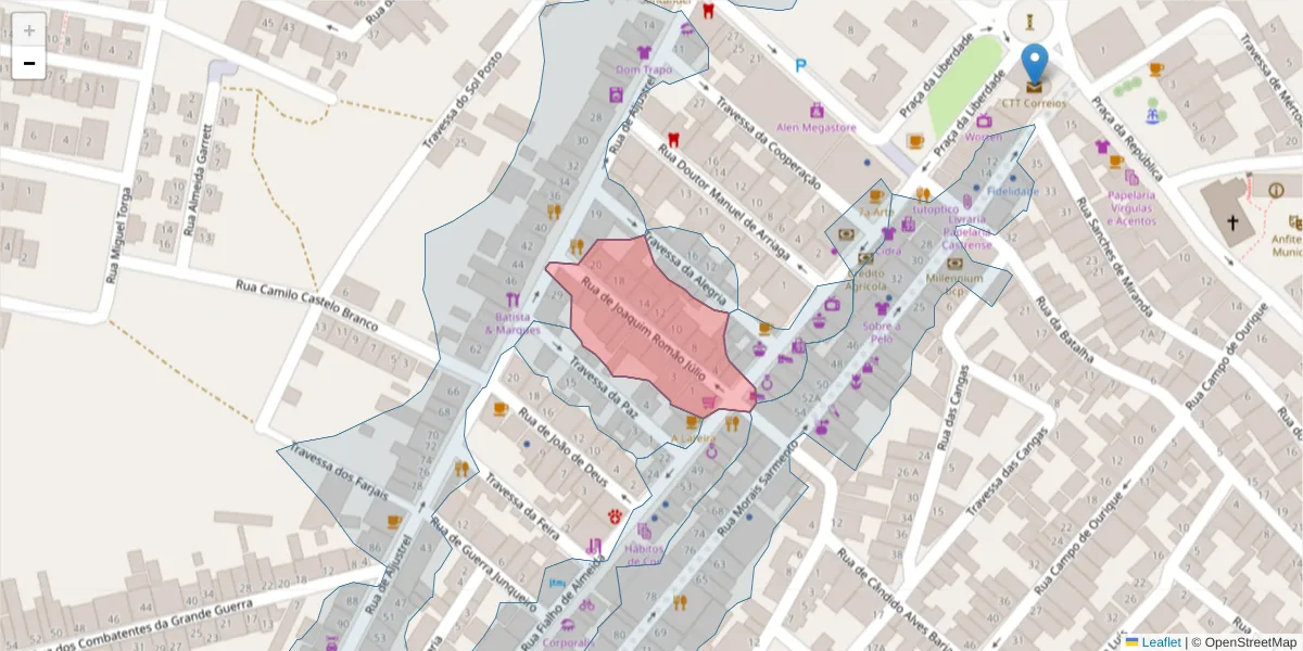 Mapa detalhado do código postal 7780-196 com limites, códigos postais vizinhos e agências dos correios