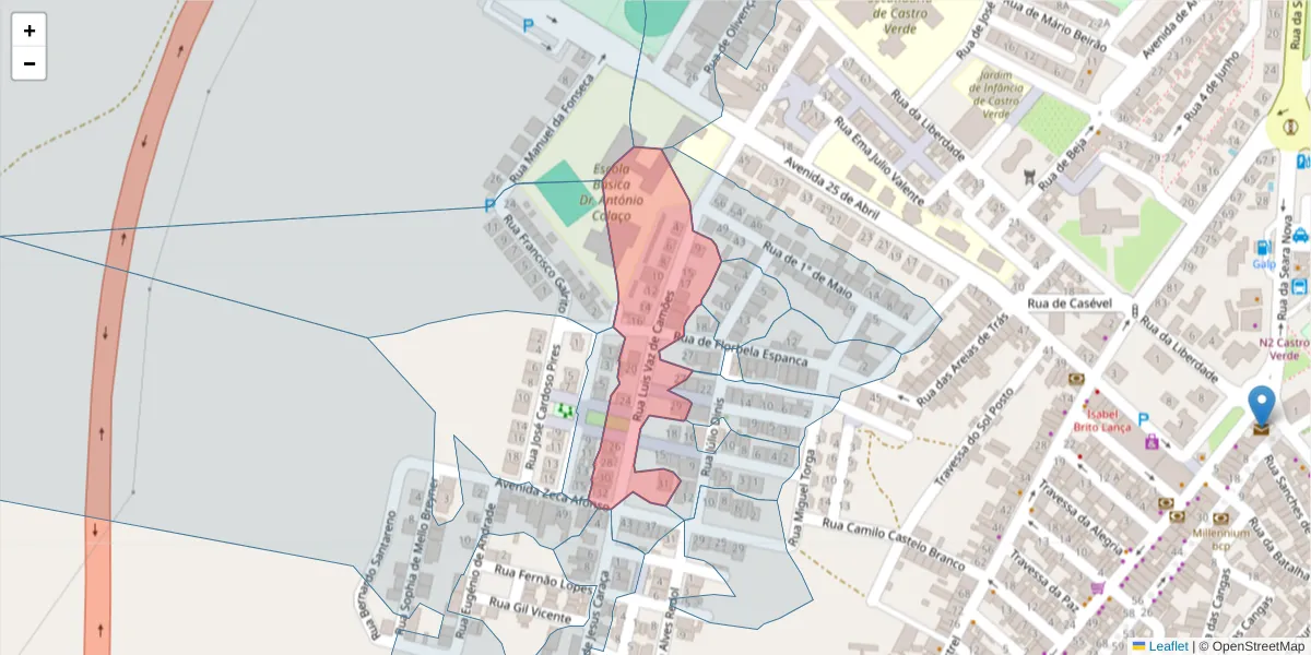 Mapa detalhado do código postal 7780-197 com limites, códigos postais vizinhos e agências dos correios