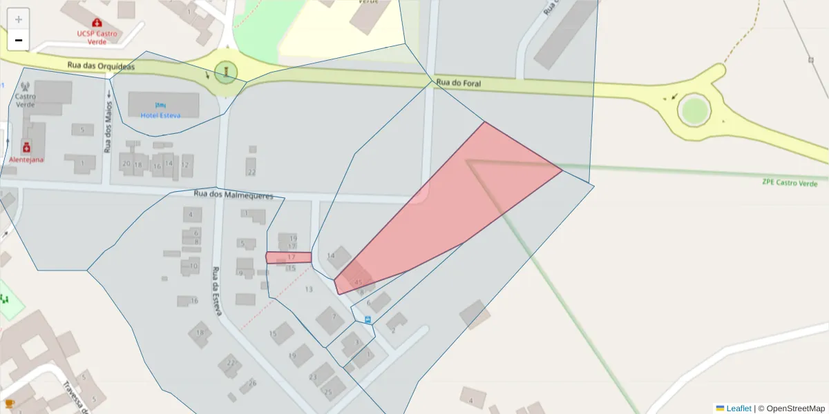 Mapa detalhado do código postal 7780-222 com limites, códigos postais vizinhos e agências dos correios