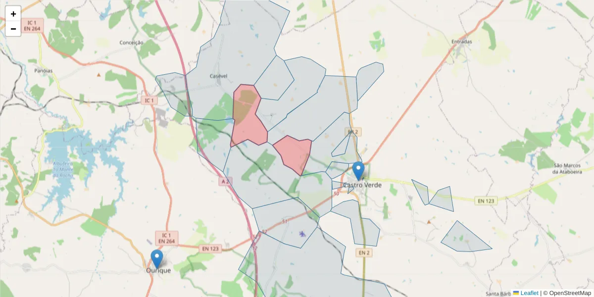 Mapa detalhado do código postal 7780-254 com limites, códigos postais vizinhos e agências dos correios