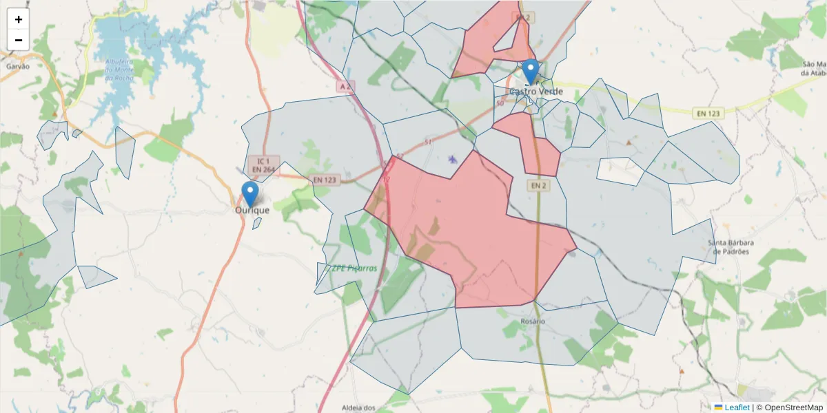 Mapa detalhado do código postal 7780-258 com limites, códigos postais vizinhos e agências dos correios