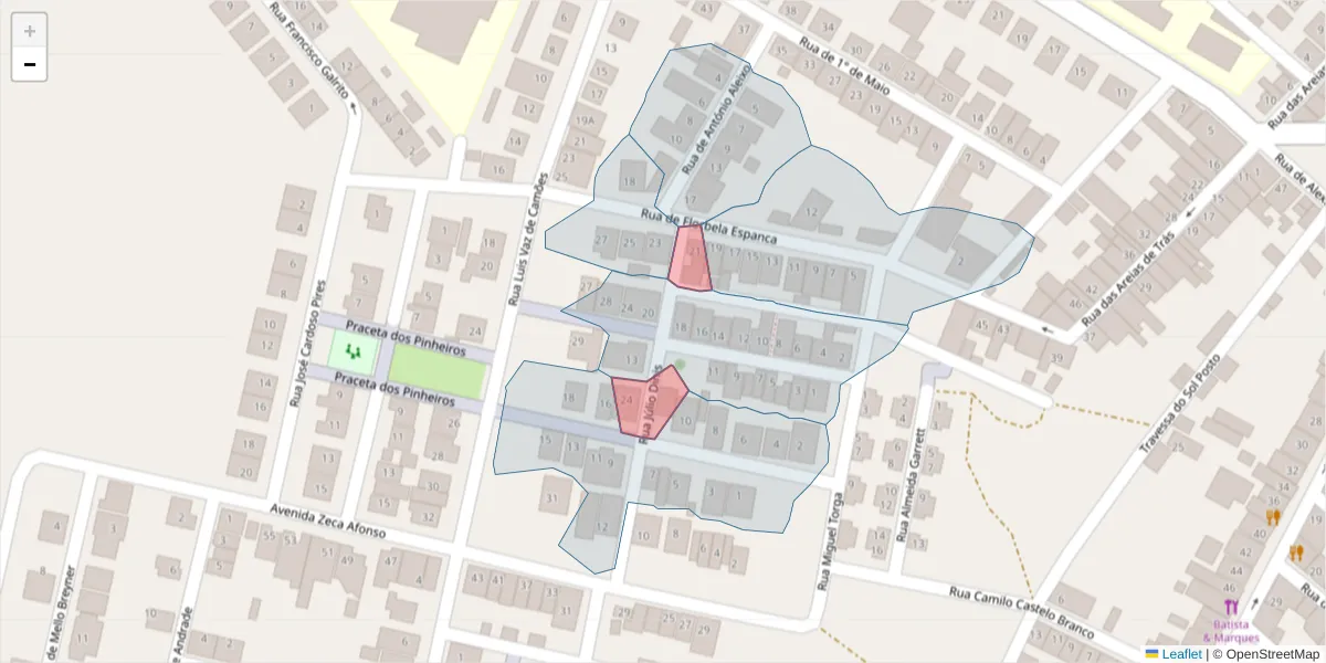 Mapa detalhado do código postal 7780-290 com limites, códigos postais vizinhos e agências dos correios