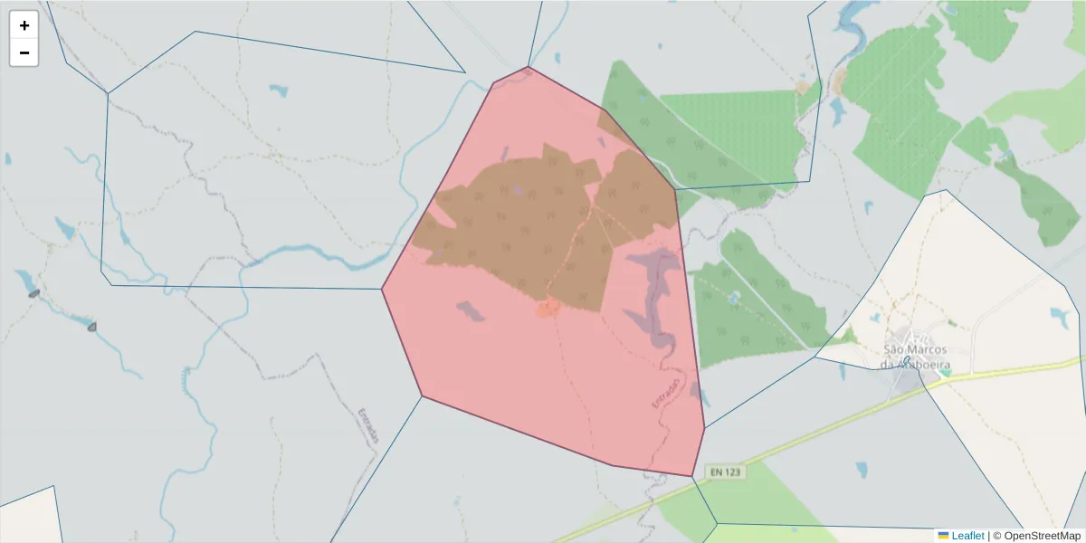 Mapa detalhado do código postal 7780-330 com limites, códigos postais vizinhos e agências dos correios