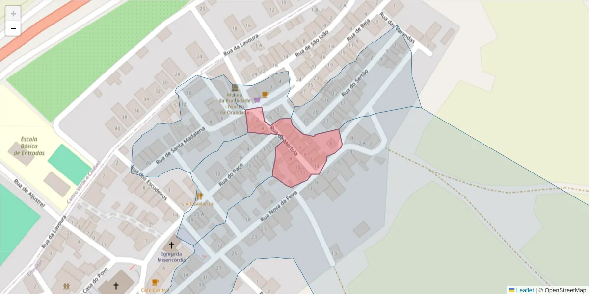 Mapa detalhado do código postal 7780-340 com limites, códigos postais vizinhos e agências dos correios
