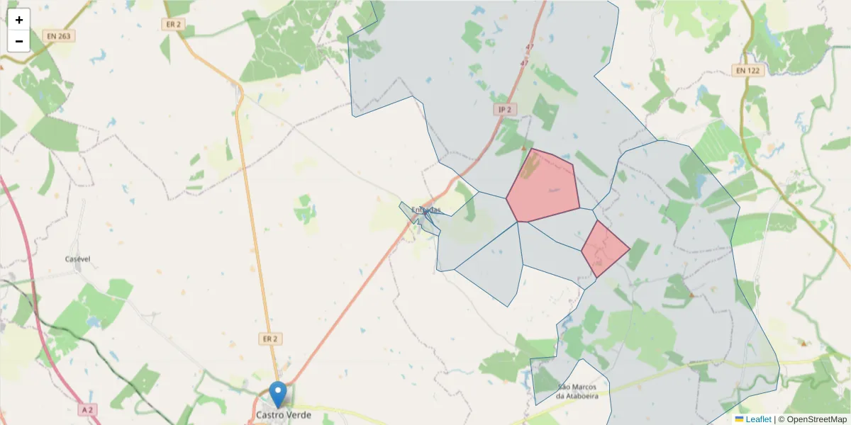 Mapa detalhado do código postal 7780-345 com limites, códigos postais vizinhos e agências dos correios