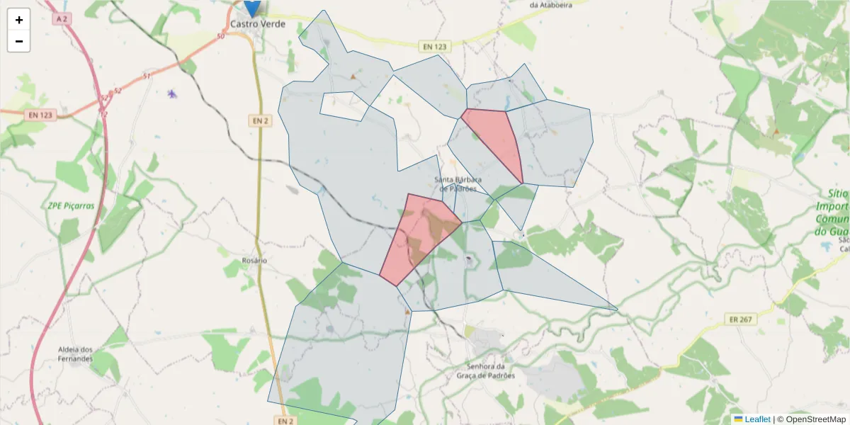 Mapa detalhado do código postal 7780-402 com limites, códigos postais vizinhos e agências dos correios