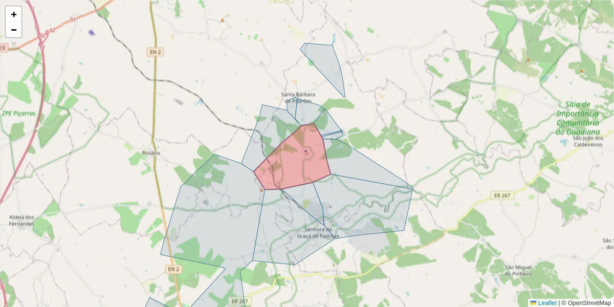 Mapa detalhado do código postal 7780-403 com limites, códigos postais vizinhos e agências dos correios