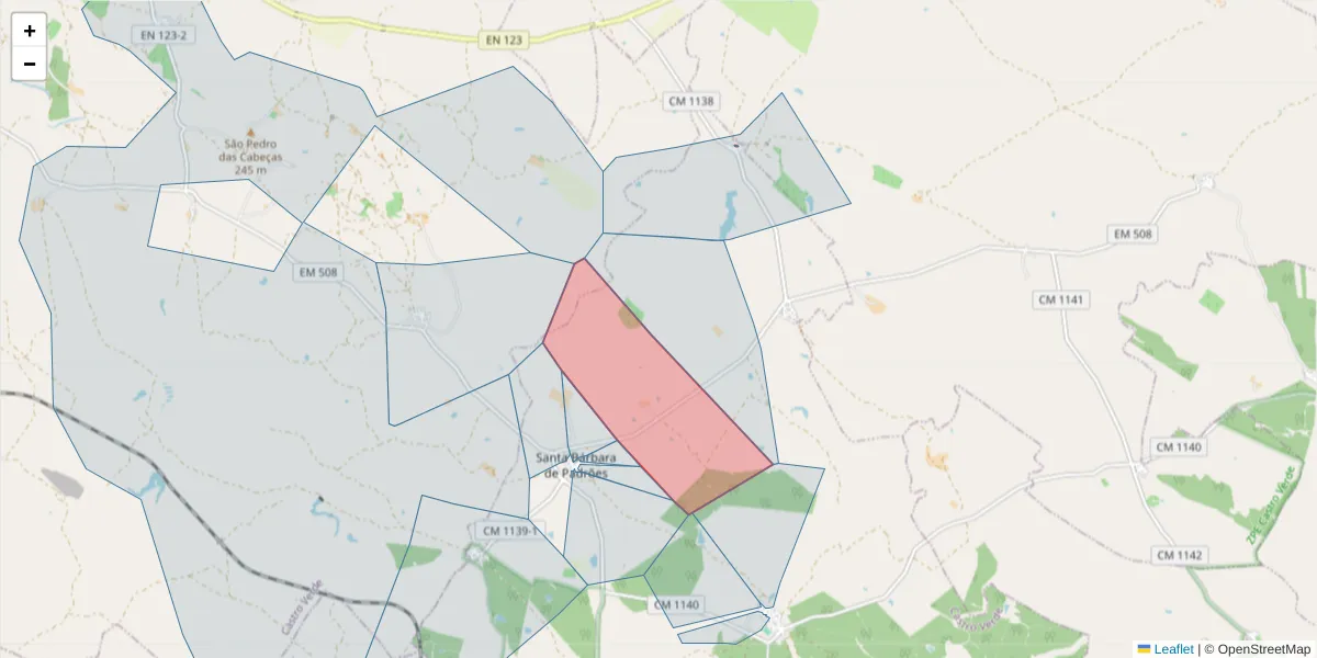 Mapa detalhado do código postal 7780-406 com limites, códigos postais vizinhos e agências dos correios