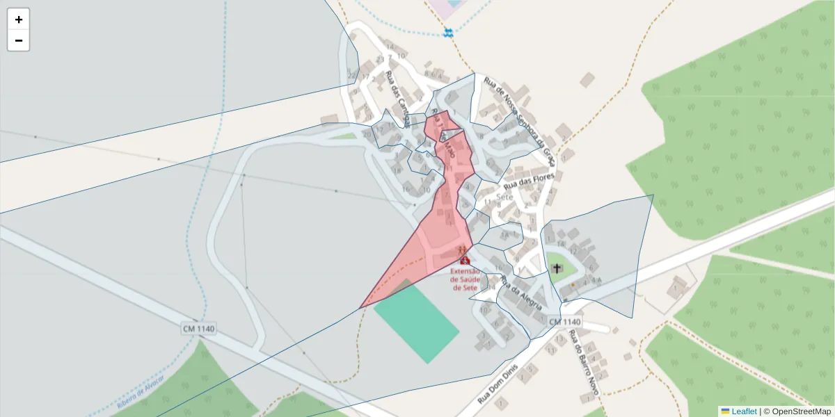 Mapa detalhado do código postal 7780-452 com limites, códigos postais vizinhos e agências dos correios