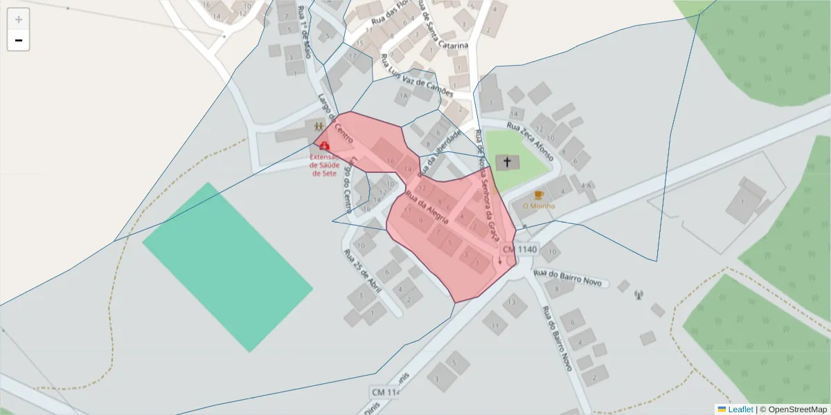 Mapa detalhado do código postal 7780-455 com limites, códigos postais vizinhos e agências dos correios