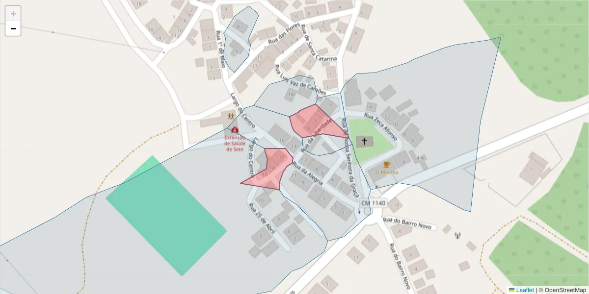 Mapa detalhado do código postal 7780-458 com limites, códigos postais vizinhos e agências dos correios