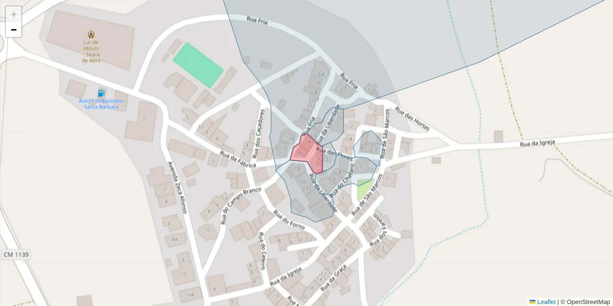 Mapa detalhado do código postal 7780-493 com limites, códigos postais vizinhos e agências dos correios