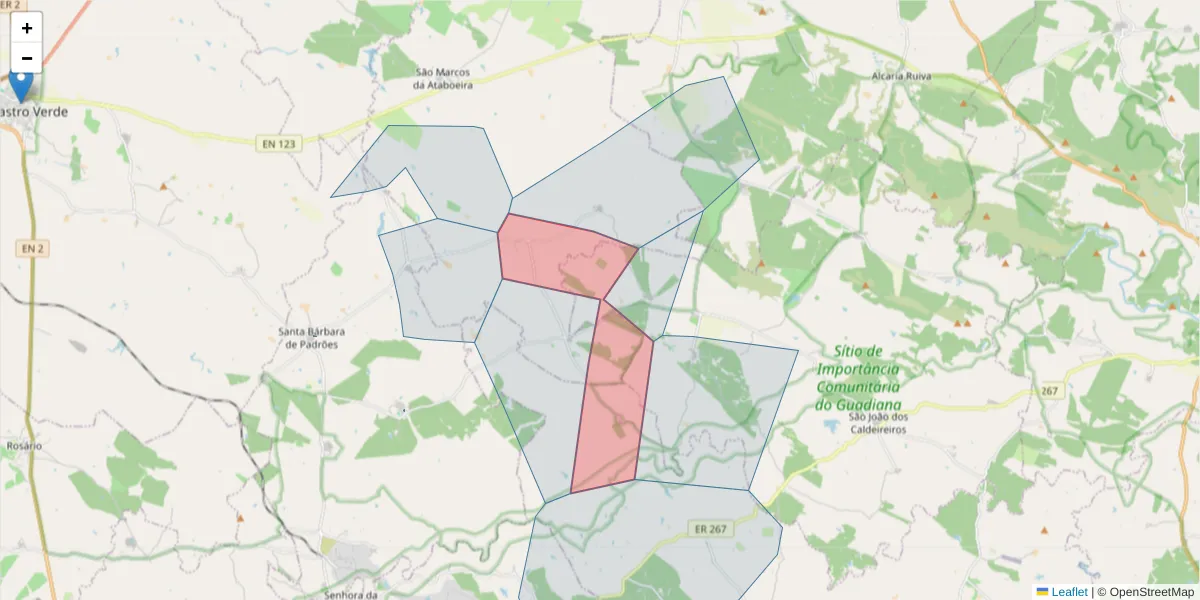 Mapa detalhado do código postal 7780-501 com limites, códigos postais vizinhos e agências dos correios