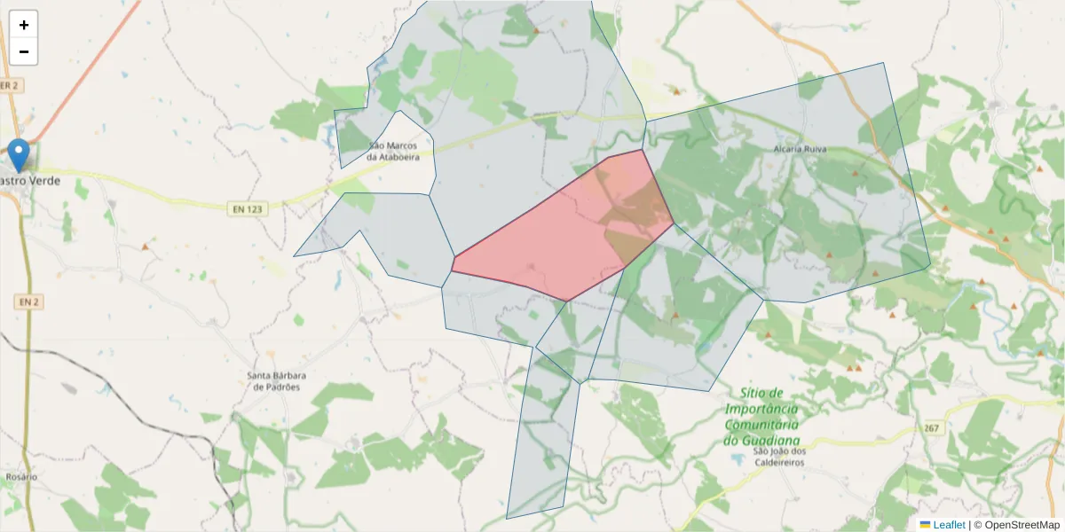 Mapa detalhado do código postal 7780-503 com limites, códigos postais vizinhos e agências dos correios