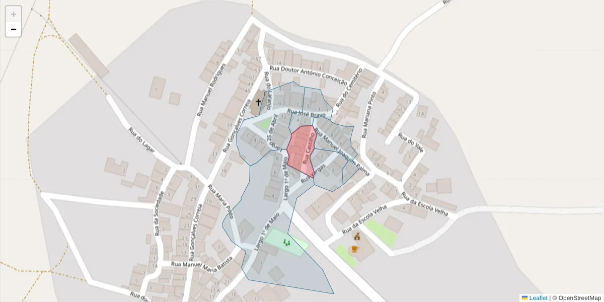 Mapa detalhado do código postal 7780-527 com limites, códigos postais vizinhos e agências dos correios