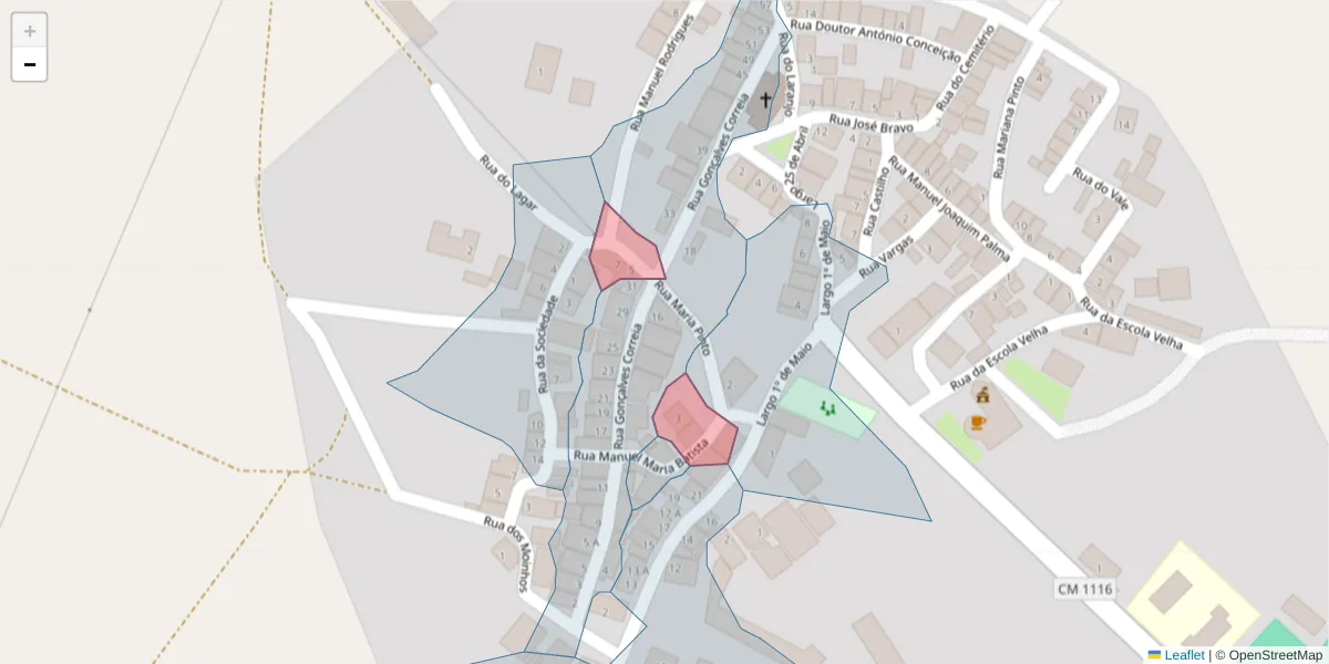Mapa detalhado do código postal 7780-542 com limites, códigos postais vizinhos e agências dos correios