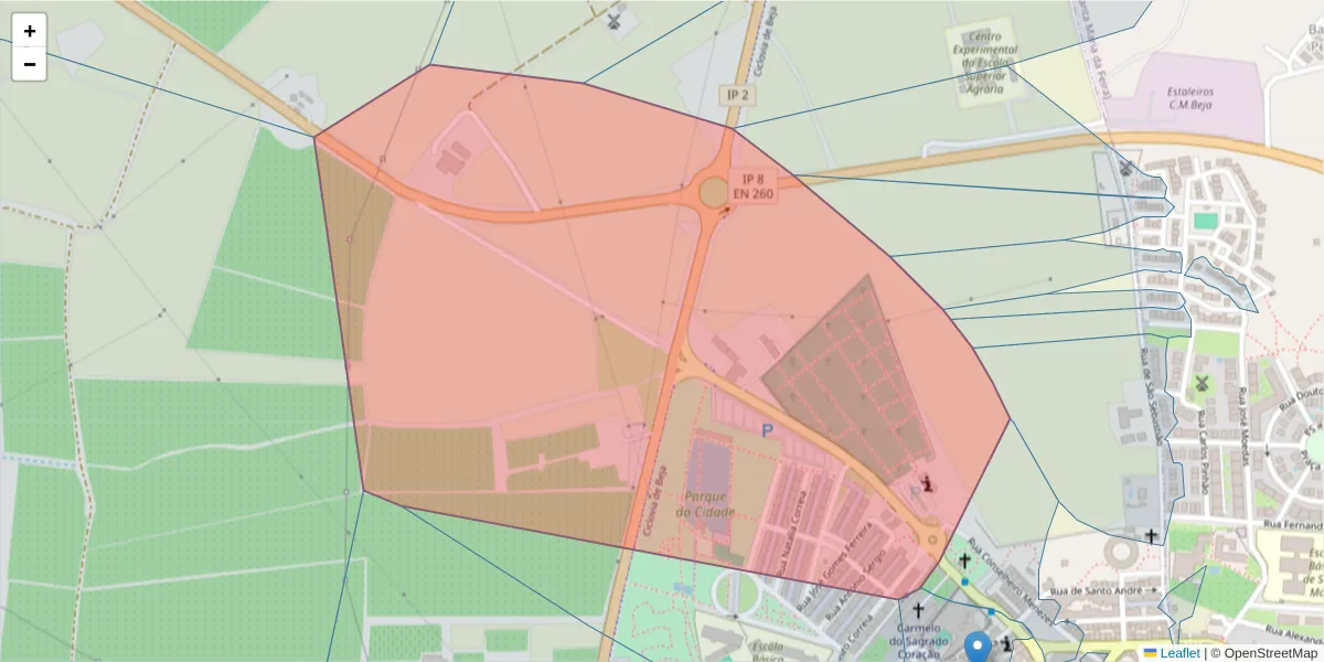 Mapa detalhado do código postal 7800-000 com limites, códigos postais vizinhos e agências dos correios