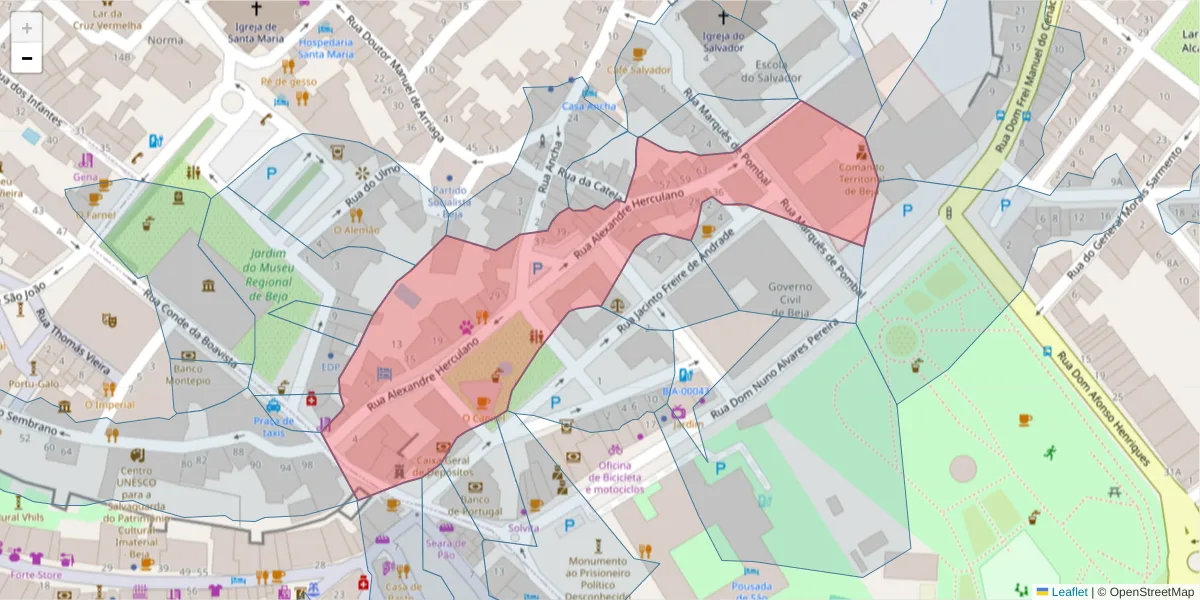 Mapa detalhado do código postal 7800-030 com limites, códigos postais vizinhos e agências dos correios