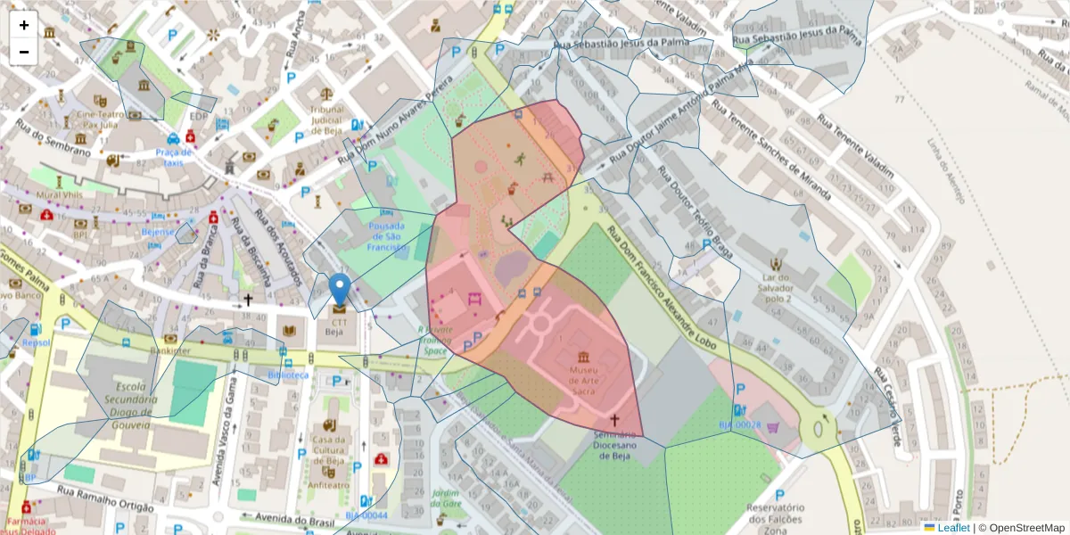 Mapa detalhado do código postal 7800-049 com limites, códigos postais vizinhos e agências dos correios