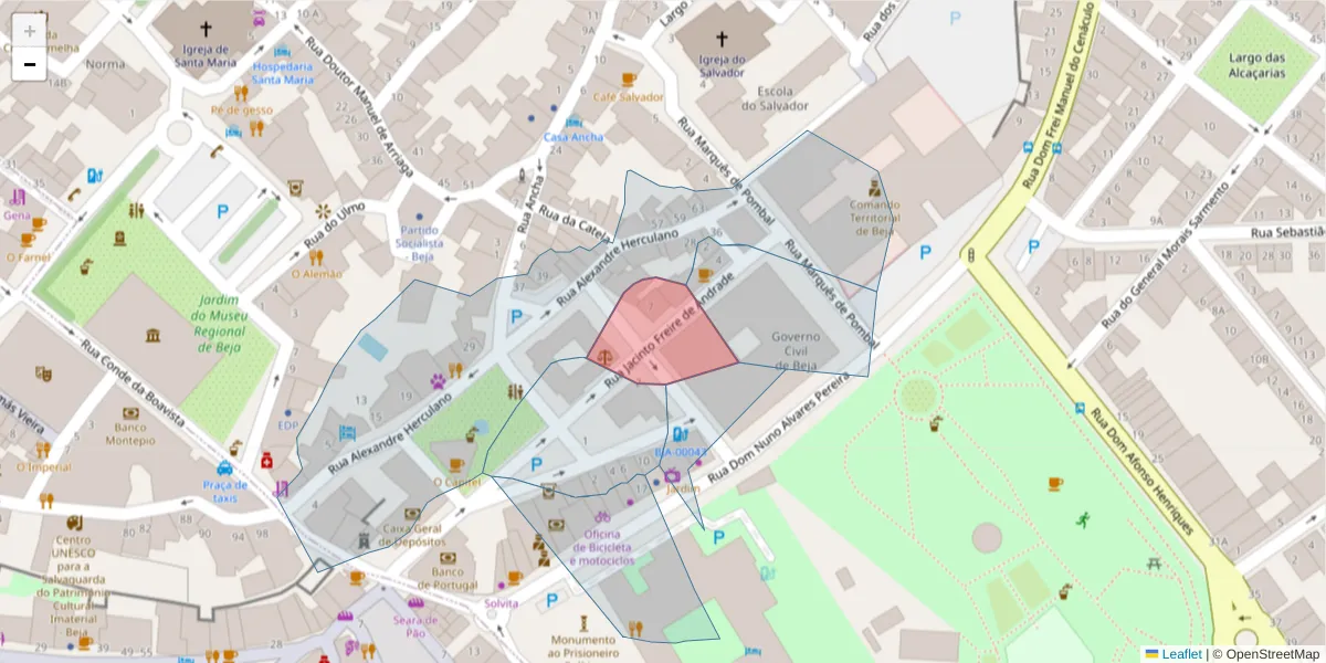 Mapa detalhado do código postal 7800-065 com limites, códigos postais vizinhos e agências dos correios
