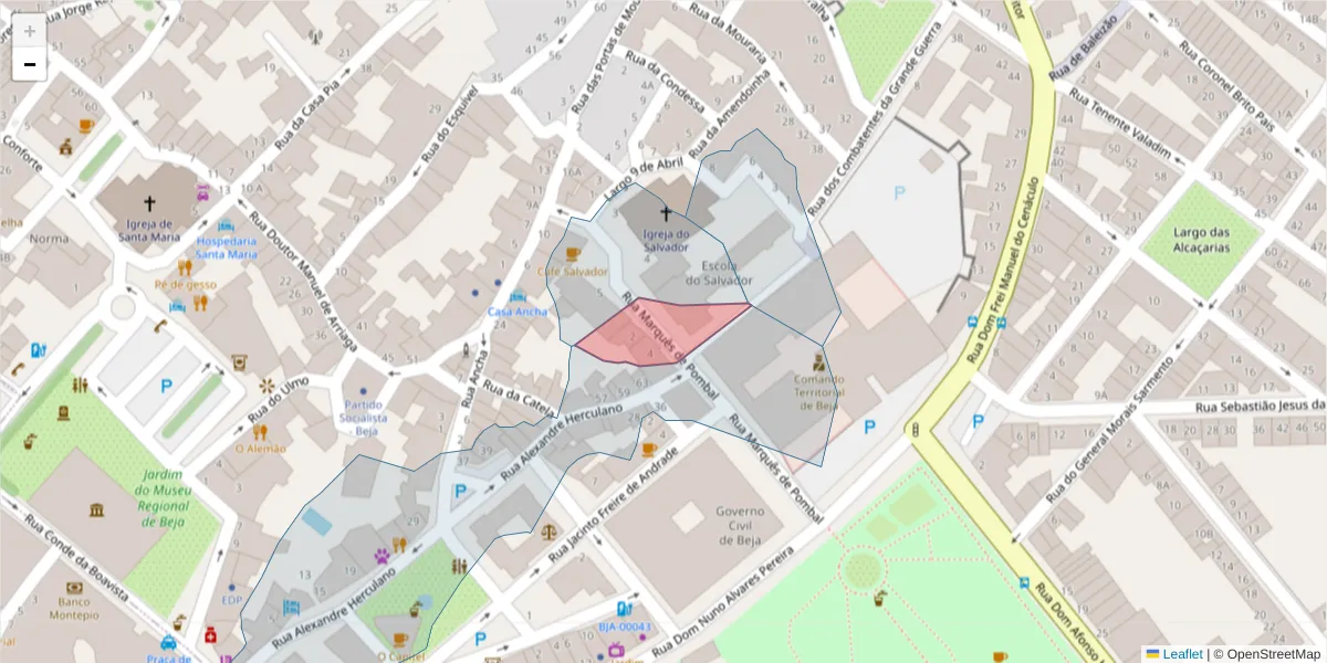 Mapa detalhado do código postal 7800-067 com limites, códigos postais vizinhos e agências dos correios