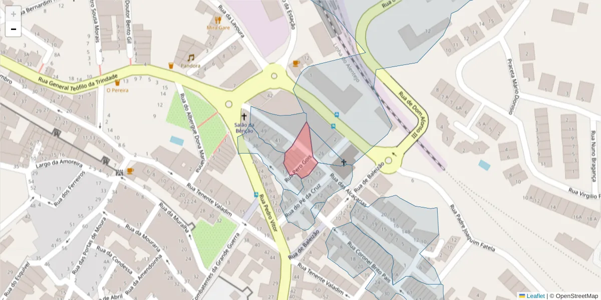 Mapa detalhado do código postal 7800-069 com limites, códigos postais vizinhos e agências dos correios