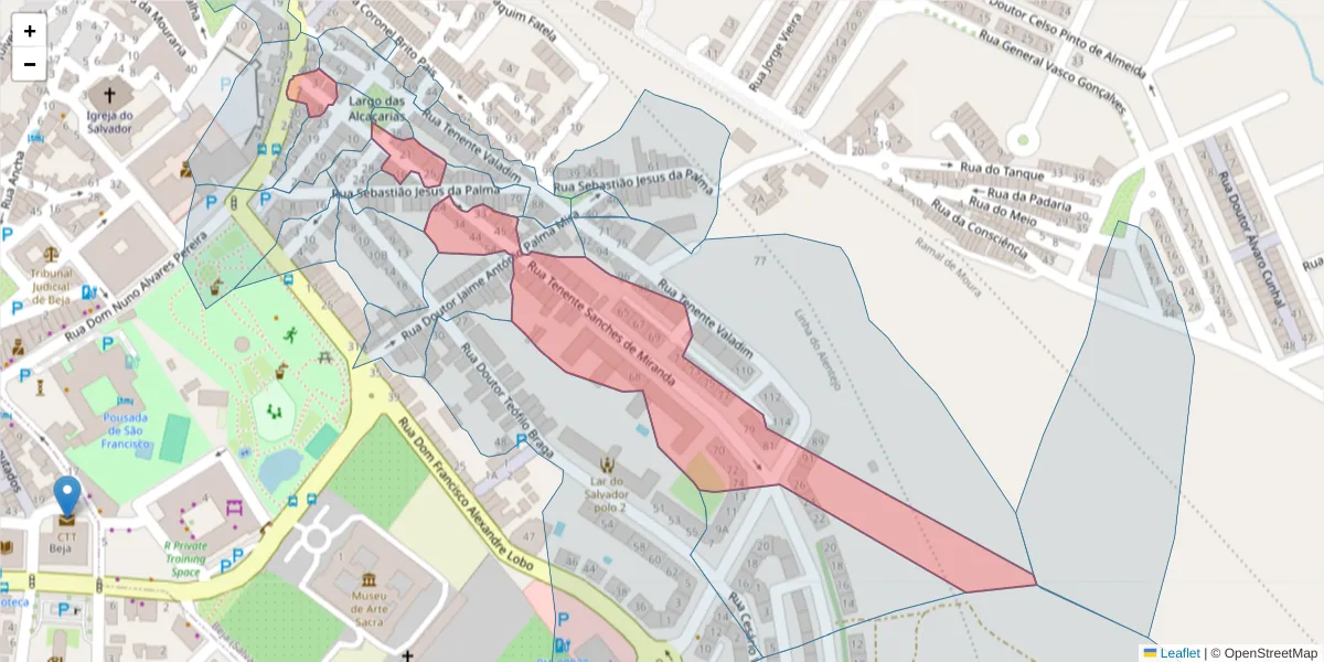 Mapa detalhado do código postal 7800-072 com limites, códigos postais vizinhos e agências dos correios