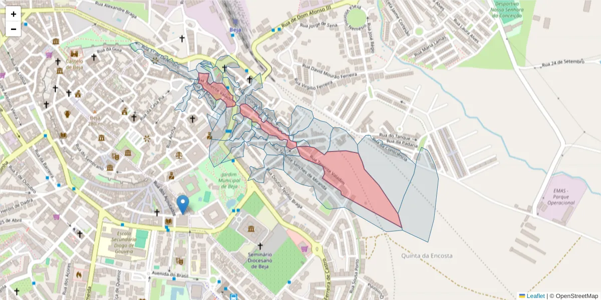 Mapa detalhado do código postal 7800-073 com limites, códigos postais vizinhos e agências dos correios