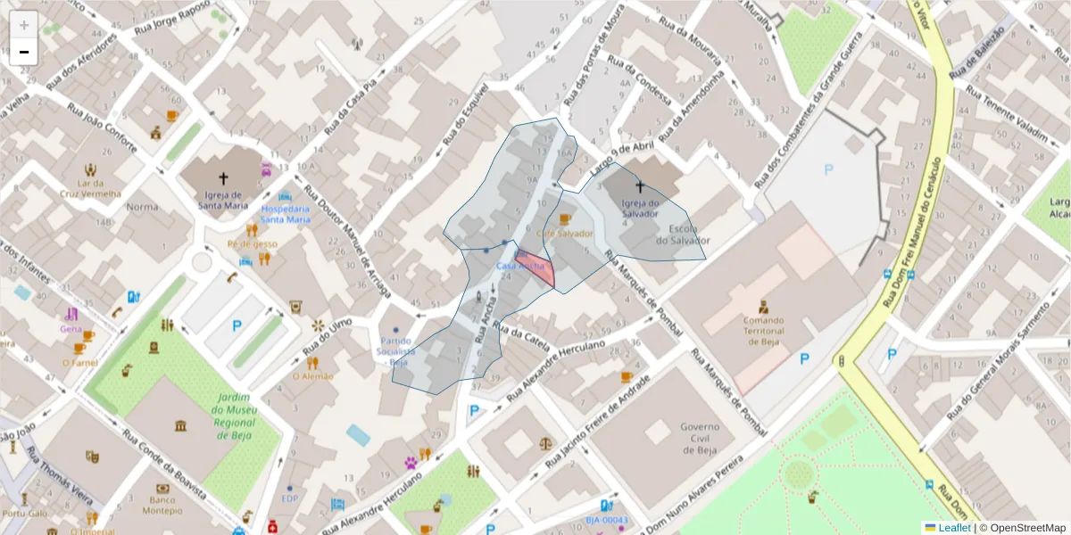 Mapa detalhado do código postal 7800-080 com limites, códigos postais vizinhos e agências dos correios