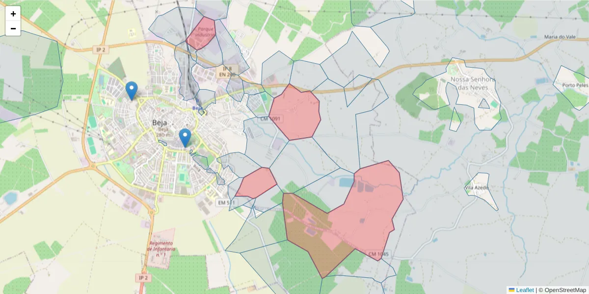 Mapa detalhado do código postal 7800-101 com limites, códigos postais vizinhos e agências dos correios