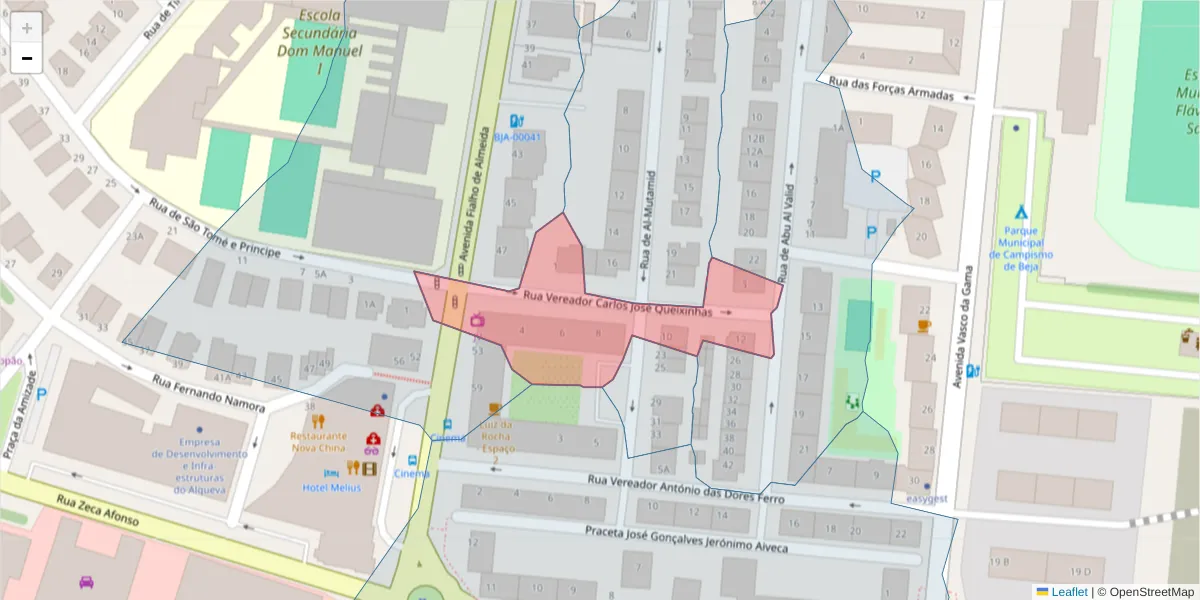 Mapa detalhado do código postal 7800-107 com limites, códigos postais vizinhos e agências dos correios