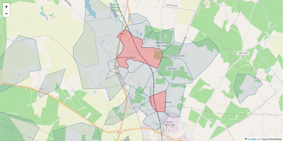 Mapa detalhado do código postal 7800-124 com limites, códigos postais vizinhos e agências dos correios