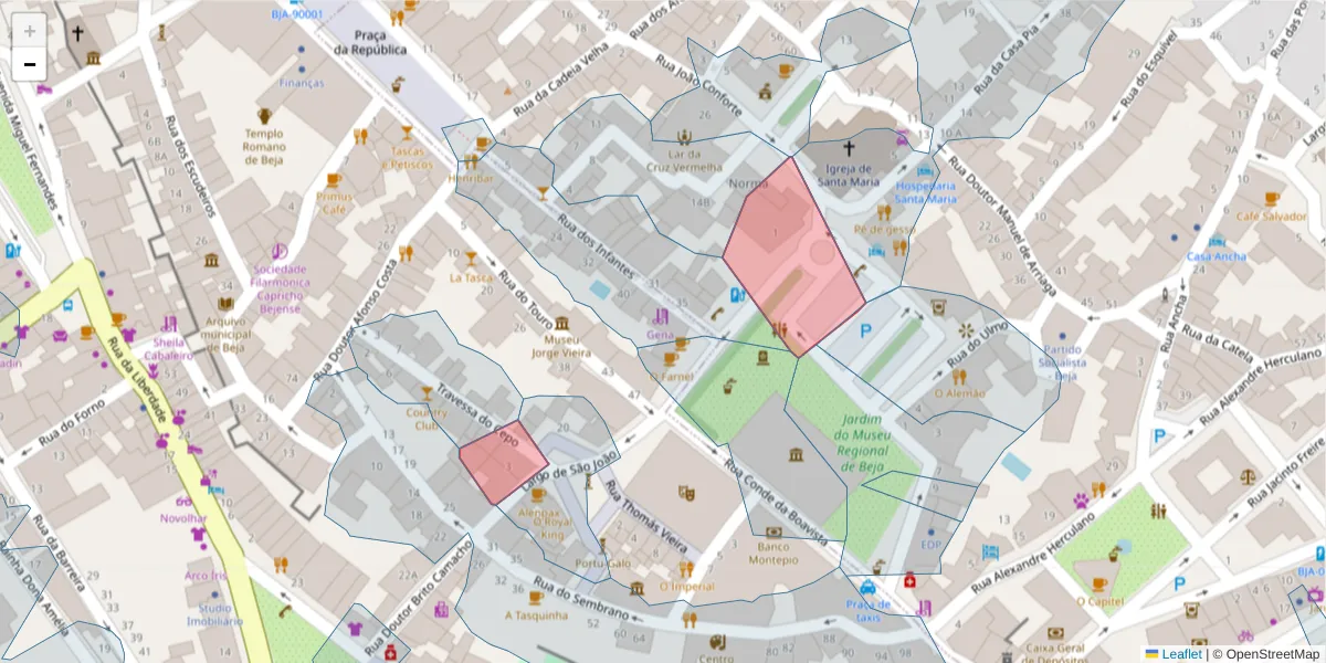 Mapa detalhado do código postal 7800-134 com limites, códigos postais vizinhos e agências dos correios