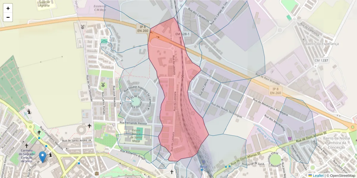 Mapa detalhado do código postal 7800-148 com limites, códigos postais vizinhos e agências dos correios